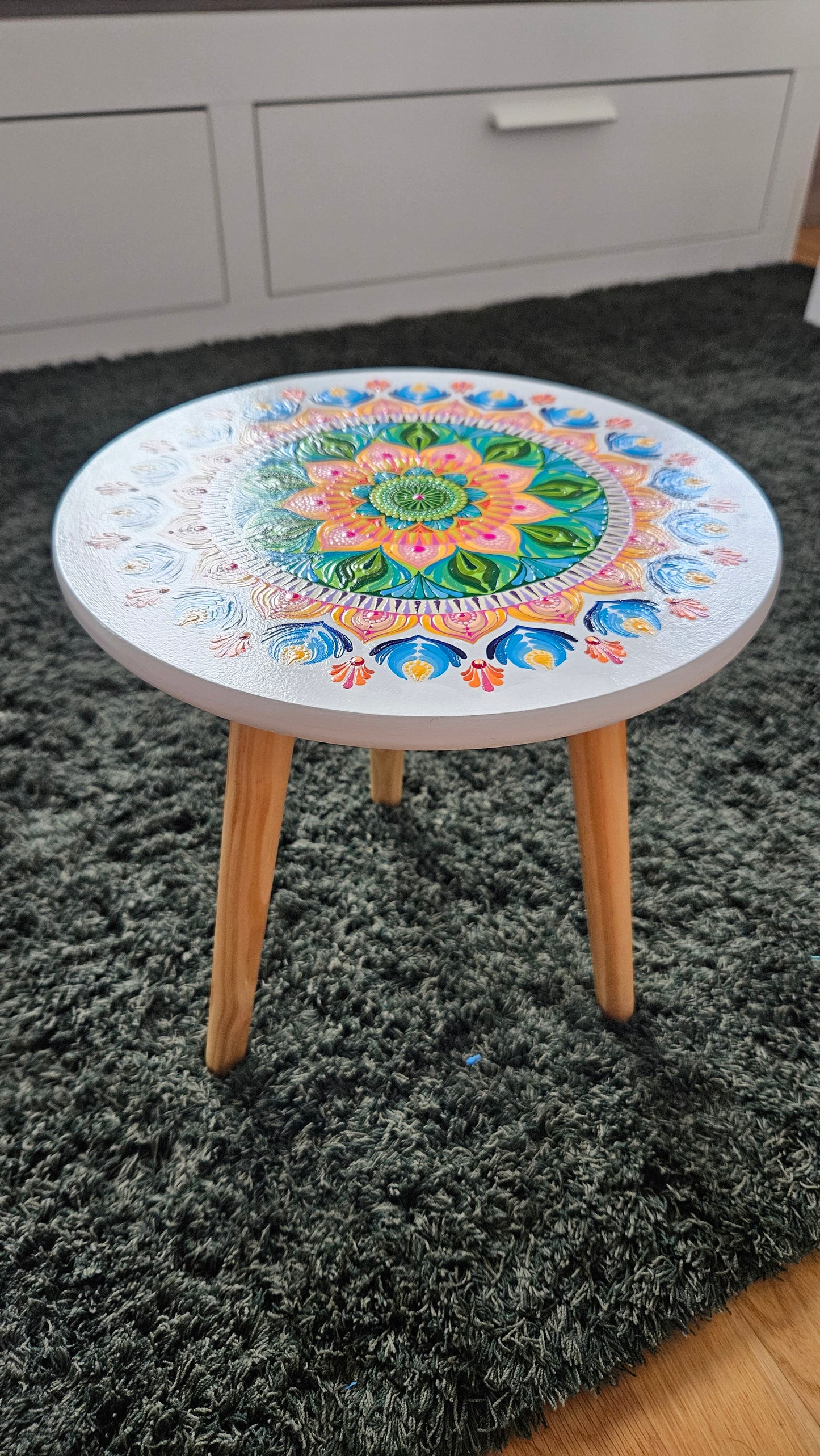 Artistic Hand-painted Wooden Dot Mandala Round Tea or Coffee Side Detachable Table - Boho Yoga Studio Decor