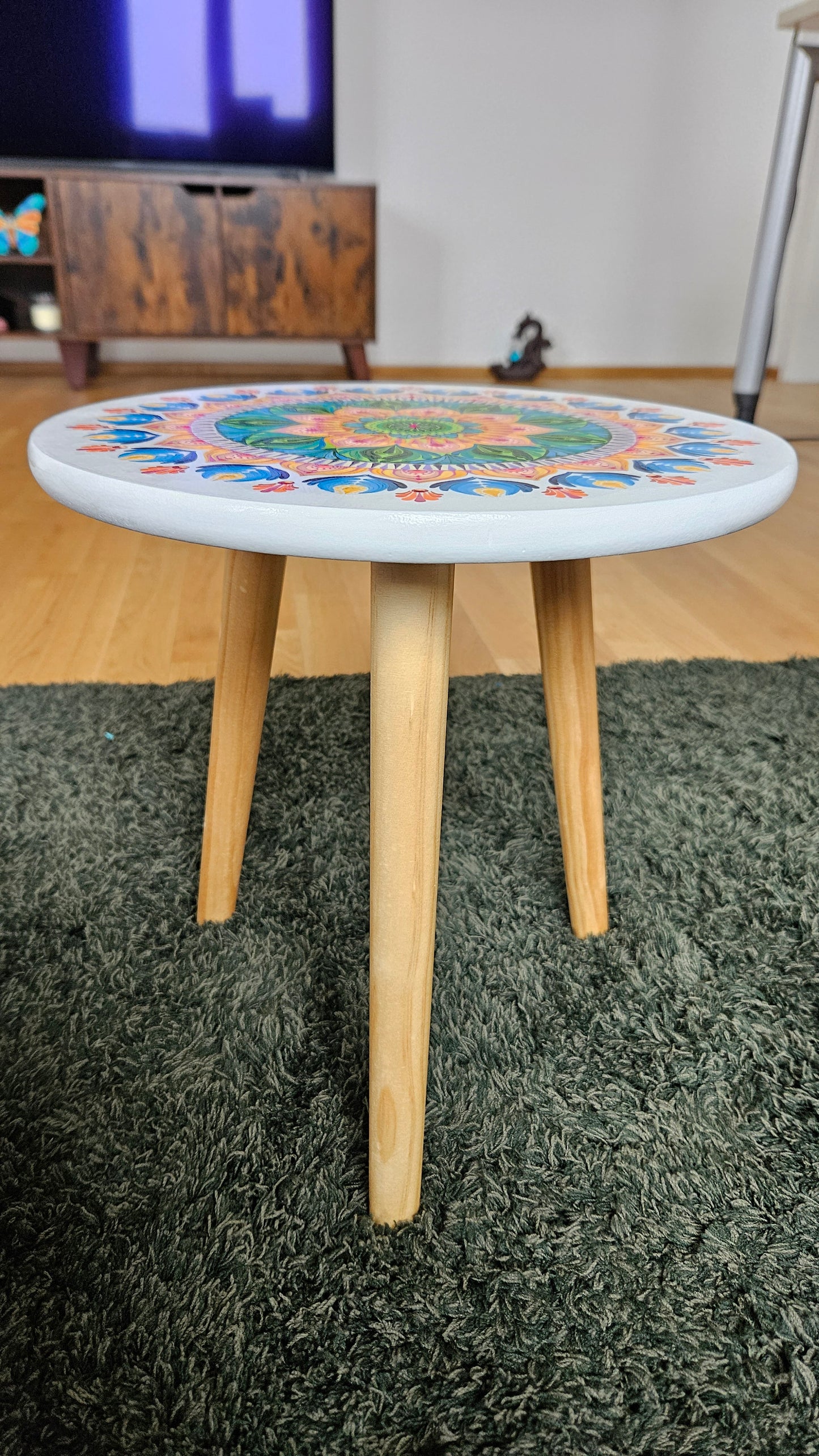 Artistic Hand-painted Wooden Dot Mandala Round Tea or Coffee Side Detachable Table - Boho Yoga Studio Decor