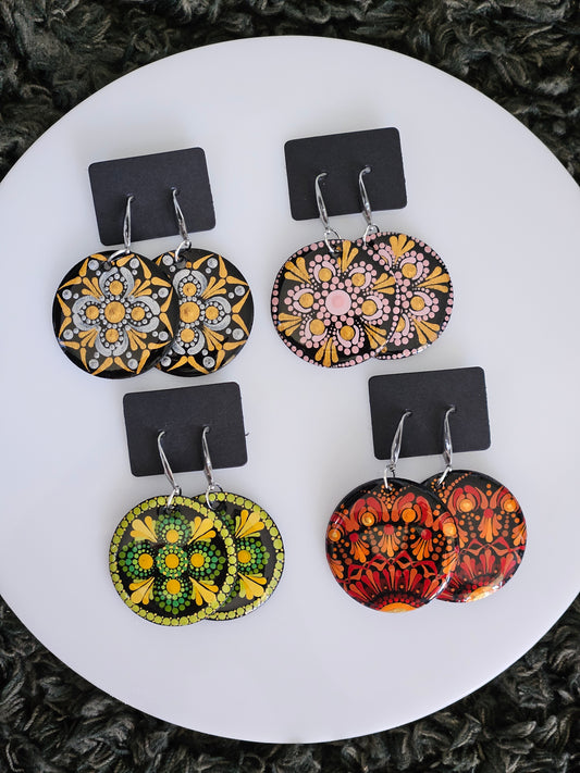 Hand-painted Dot Mandala Earrings - Resin Coated Boho Jewelry for Mother and Friends - anniversary and birthday Gift For her