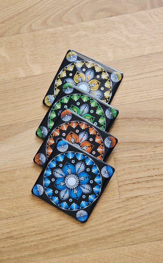 Premium Hand Painted Resin coated Set of 4 wooden Dot Mandala Coasters - anniversary and Housewarming Gifts For her