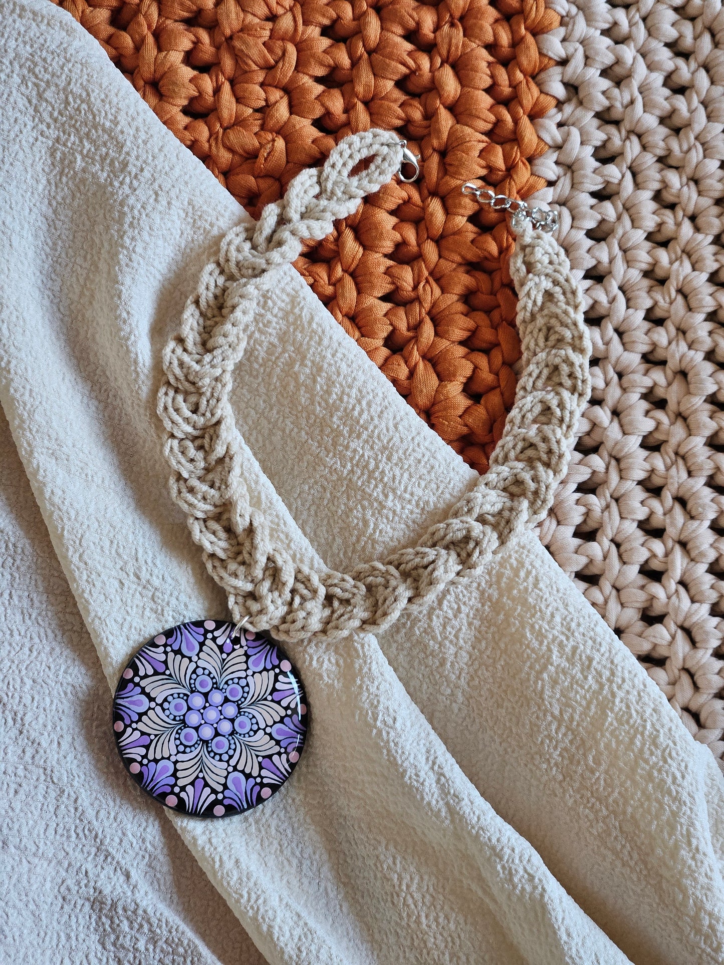 Hand-painted Dot Mandala Pendant in lavender, White color paired with a crochet necklace, Resin Coated Boho Jewelry, birthday Gift For Her