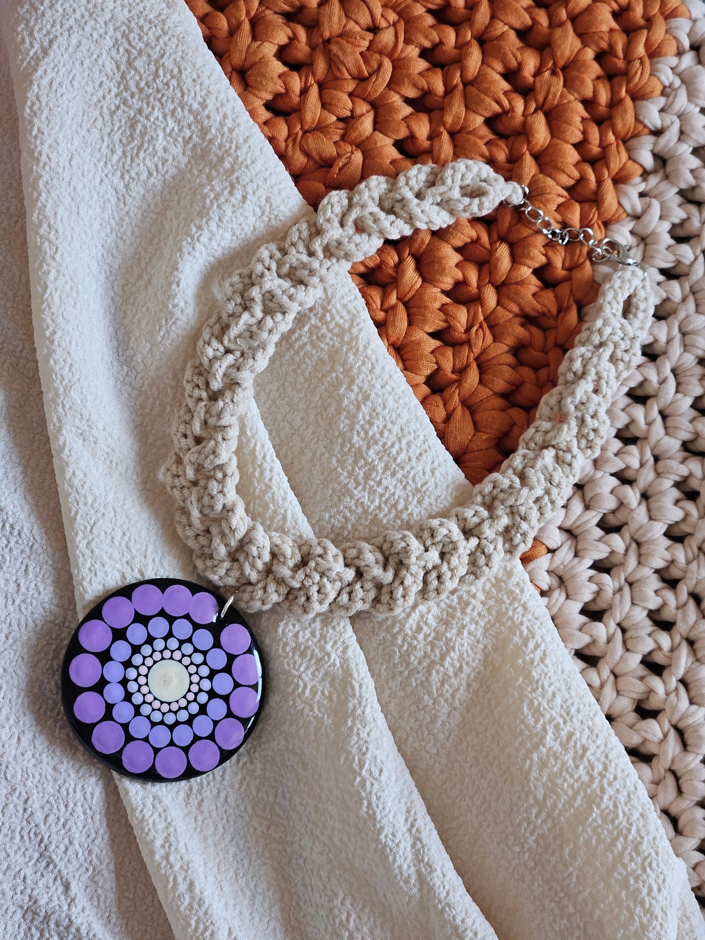 Hand-painted Dot Mandala Pendant in lavender, White color paired with a crochet necklace, Resin Coated Boho Jewelry, birthday Gift For Her
