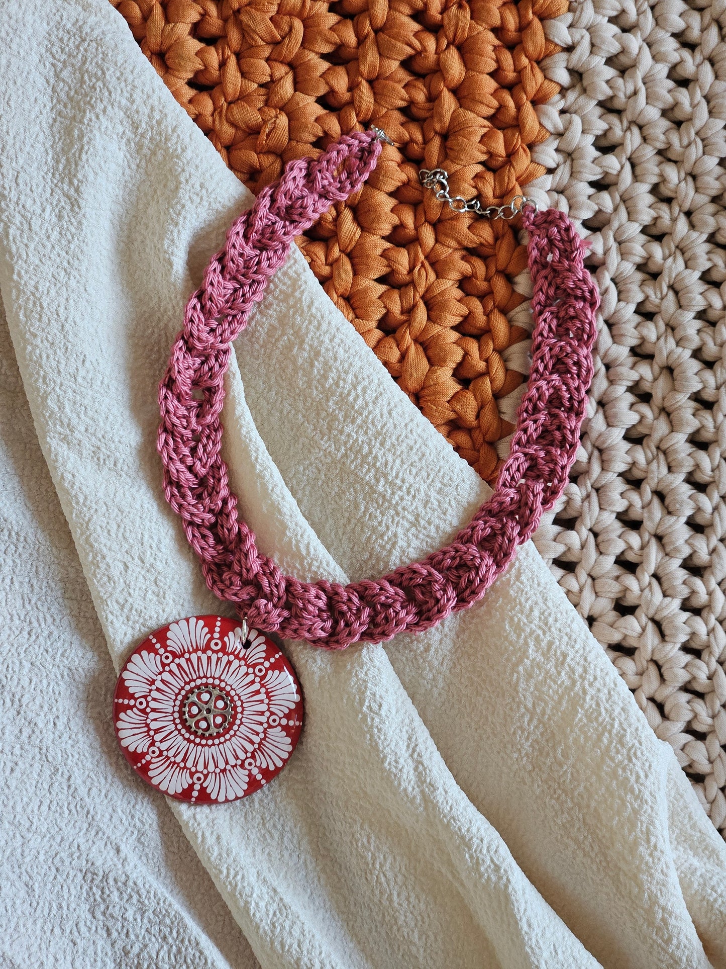 Hand-painted Red, White Dot Mandala Pendant paired with a crochet necklace, Resin Coated Boho Jewelry, anniversary and birthday Gift For Her