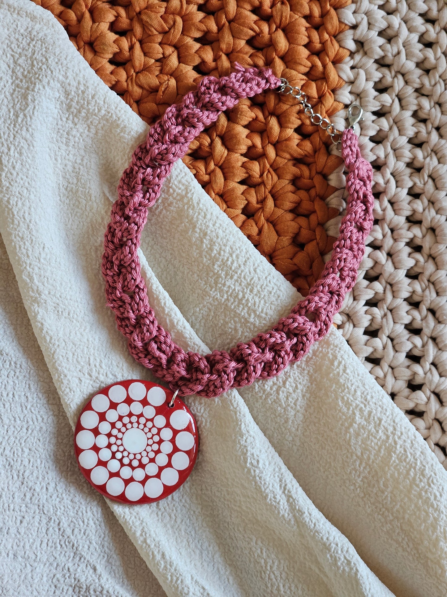 Hand-painted Red, White Dot Mandala Pendant paired with a crochet necklace, Resin Coated Boho Jewelry, anniversary and birthday Gift For Her