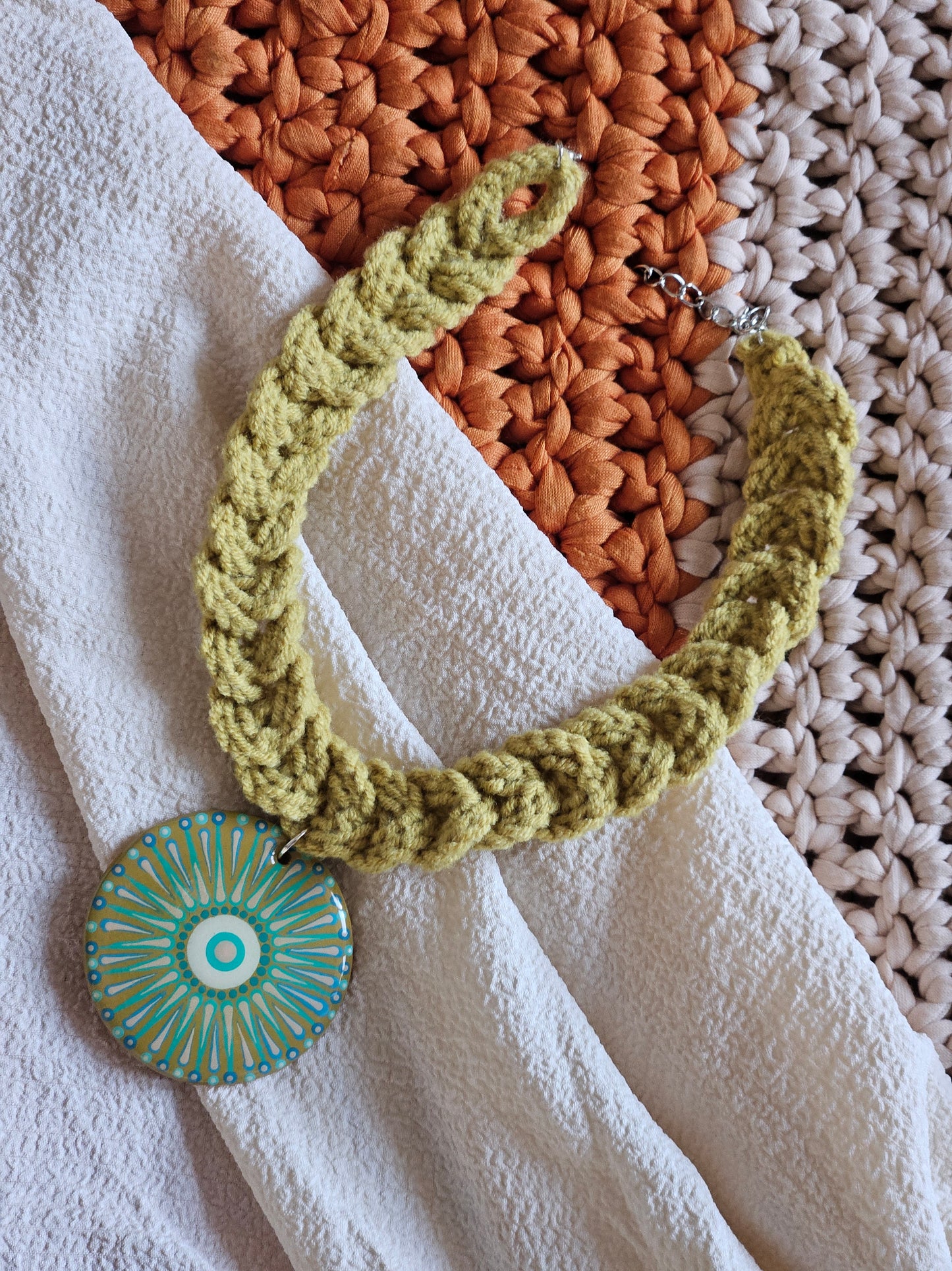 Resin Coated Dot Mandala Pendant paired with a crochet necklace in Mustard and teal color - Boho Jewelry gift for Mother - Gift For Her