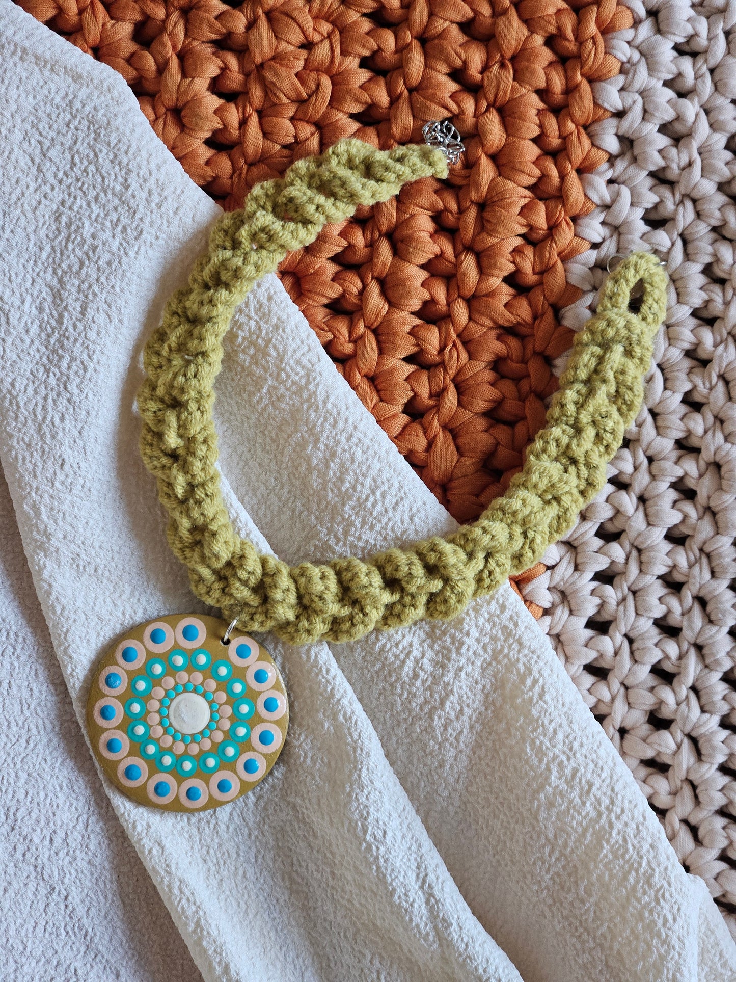 Resin Coated Dot Mandala Pendant paired with a crochet necklace in Mustard and teal color - Boho Jewelry gift for Mother - Gift For Her