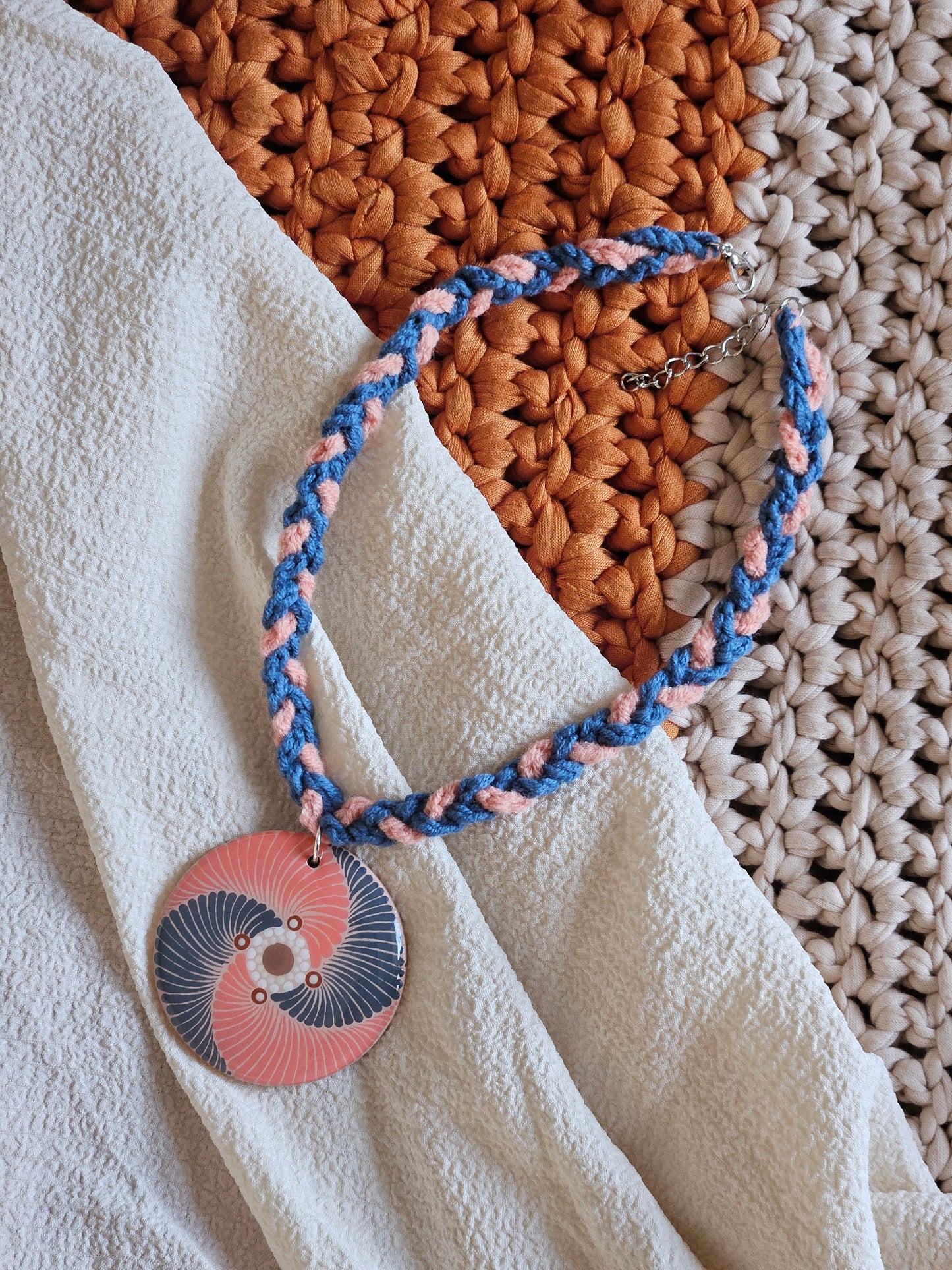 Hand-painted Dot Mandala Pendant in Peach and Blue color paired with a crochet necklace, Resin Coated Boho Jewelry, birthday Gift For Her