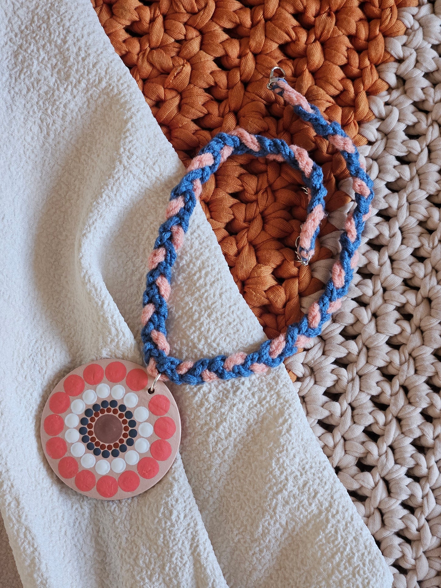 Hand-painted Dot Mandala Pendant in Peach and Blue color paired with a crochet necklace, Resin Coated Boho Jewelry, birthday Gift For Her