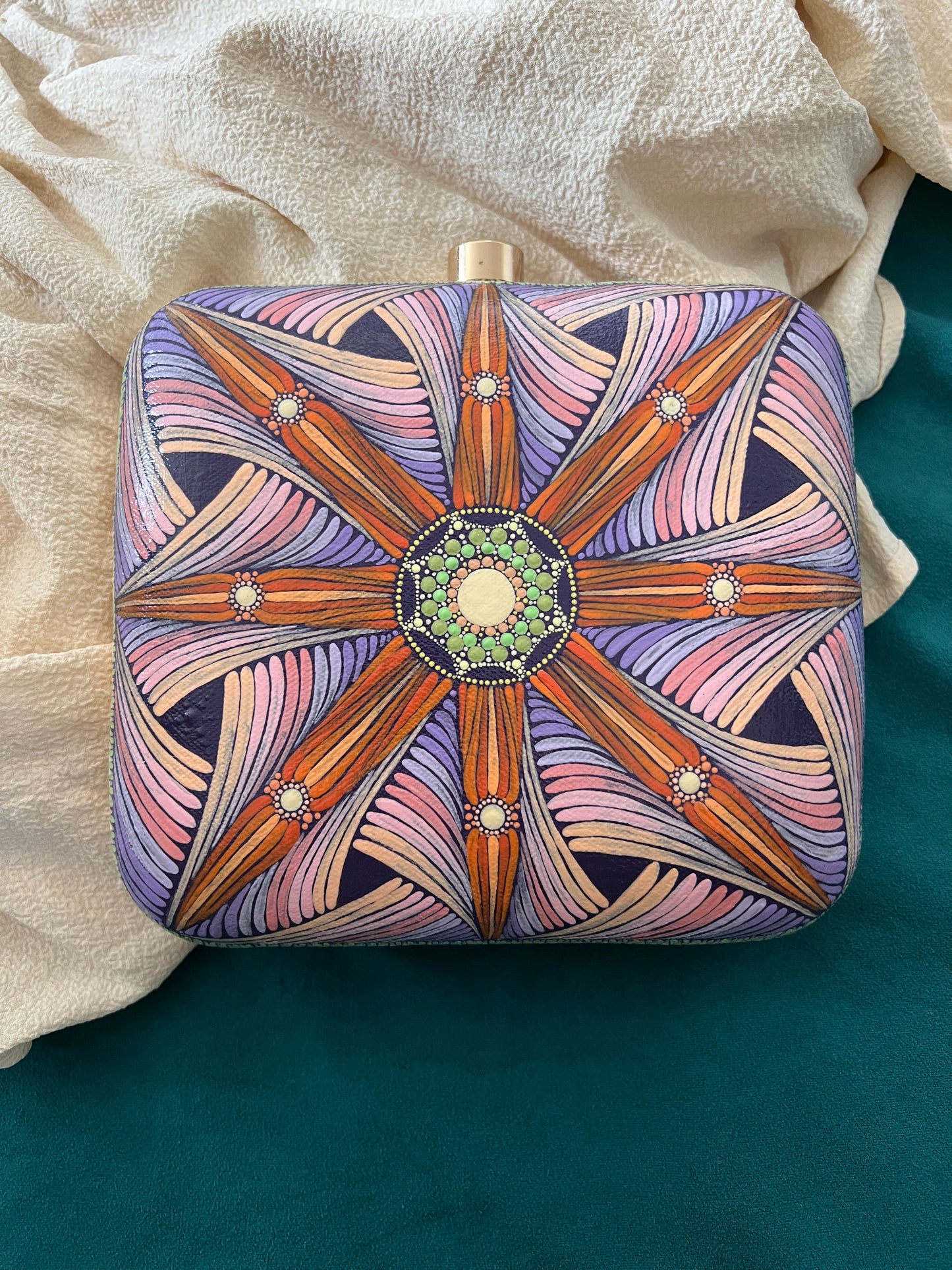 Dot Mandala Hand-painted Modern Party Clutch Sling Bag with detachable Golden Chain - Gift for her and for Mother's Day