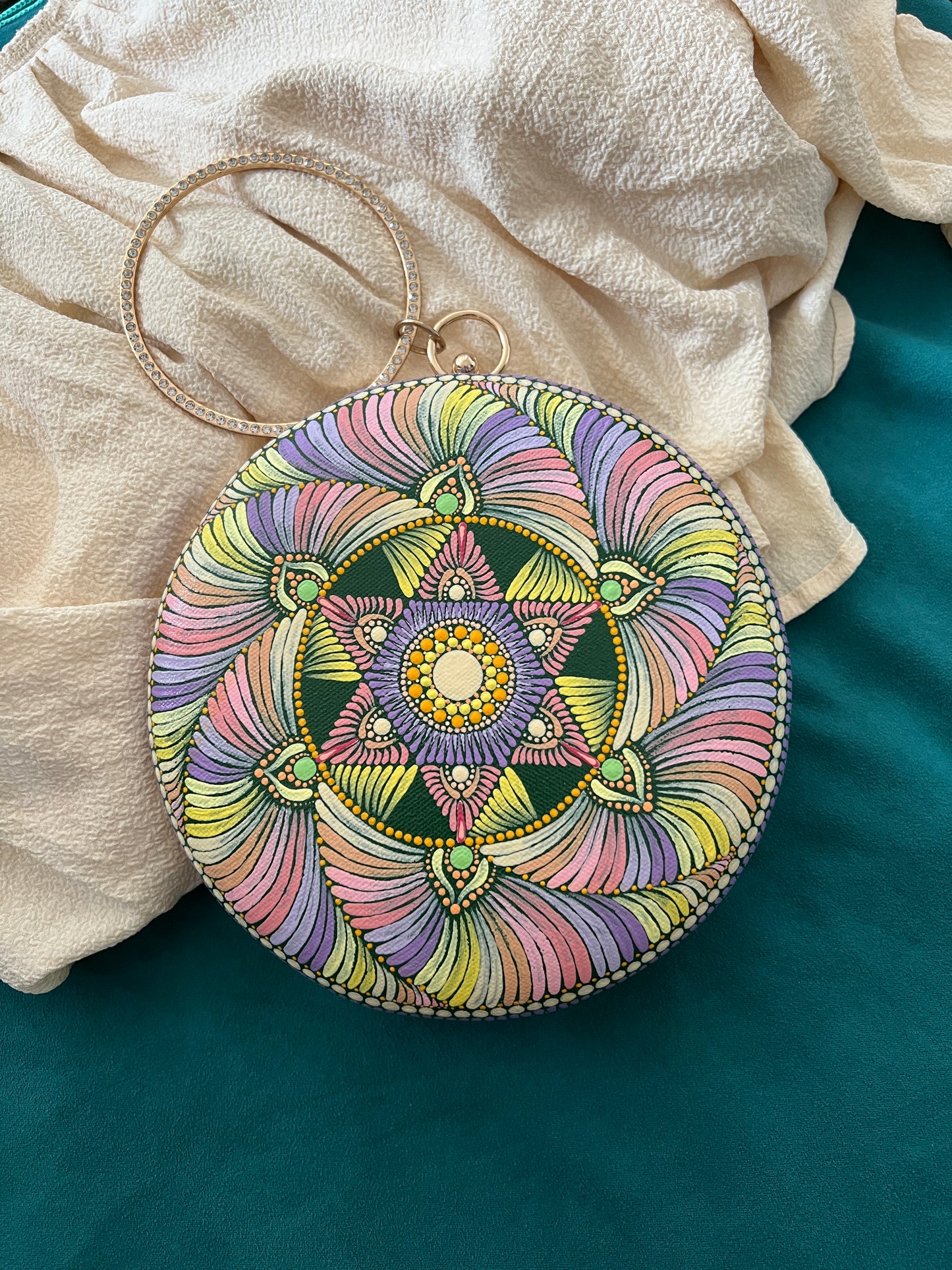 Dot Mandala Hand-painted Modern Party Clutch Sling Bag with detachable Golden Chain - Gift for her and for Mother's Day