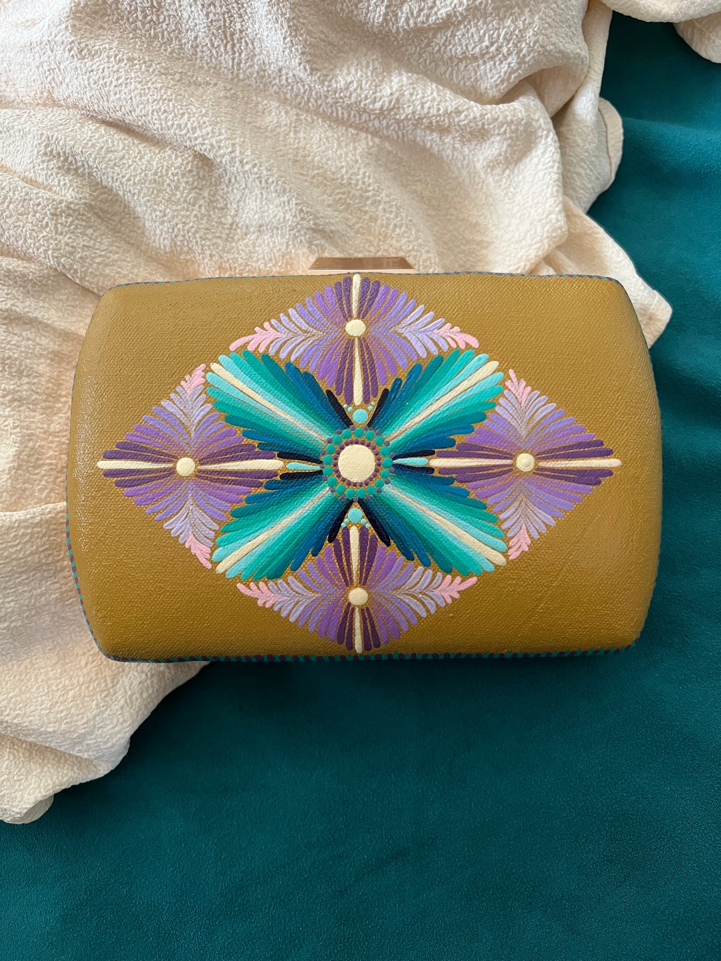 Dot Mandala Hand-painted Modern Party Clutch Sling Bag with detachable Golden Chain - Gift for her and for Mother's Day