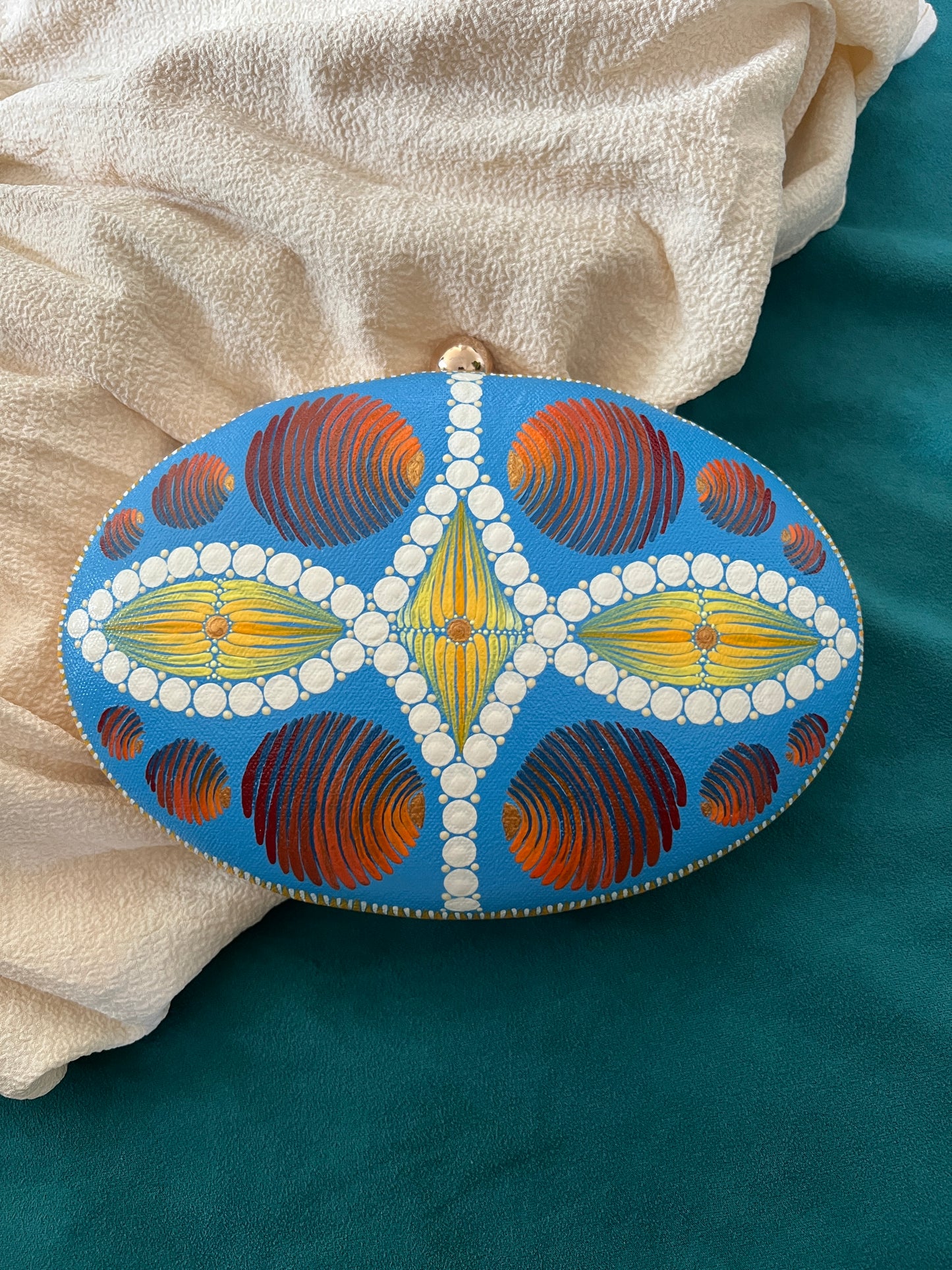 Dot Mandala Hand-painted Modern Party Clutch Sling Bag with detachable Golden Chain - Gift for her and for Mother's Day