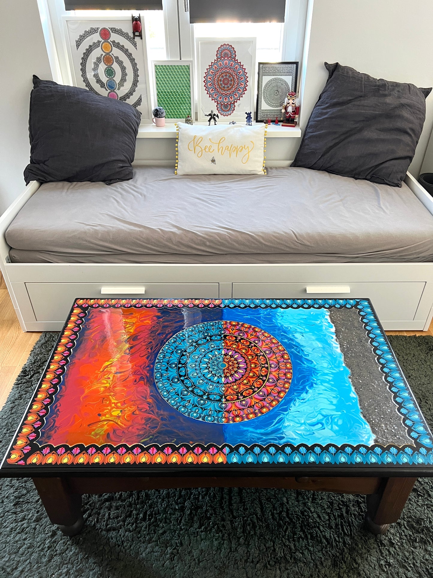 Restored Hand-Painted Dot Mandala Coffee Table, Resin Sealed Solid Wood - Perfect Gift