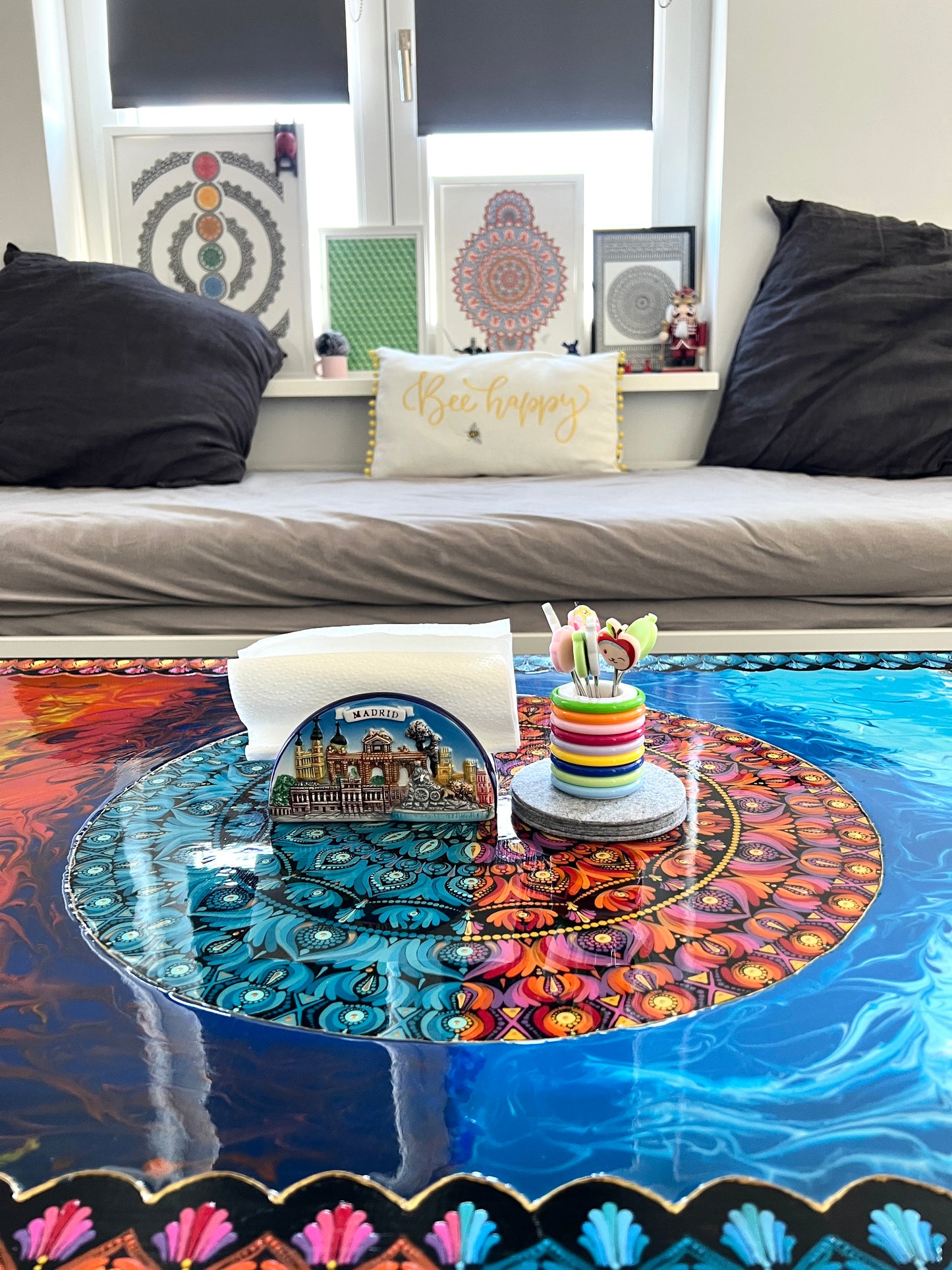 Restored Hand-Painted Dot Mandala Coffee Table, Resin Sealed Solid Wood - Perfect Gift