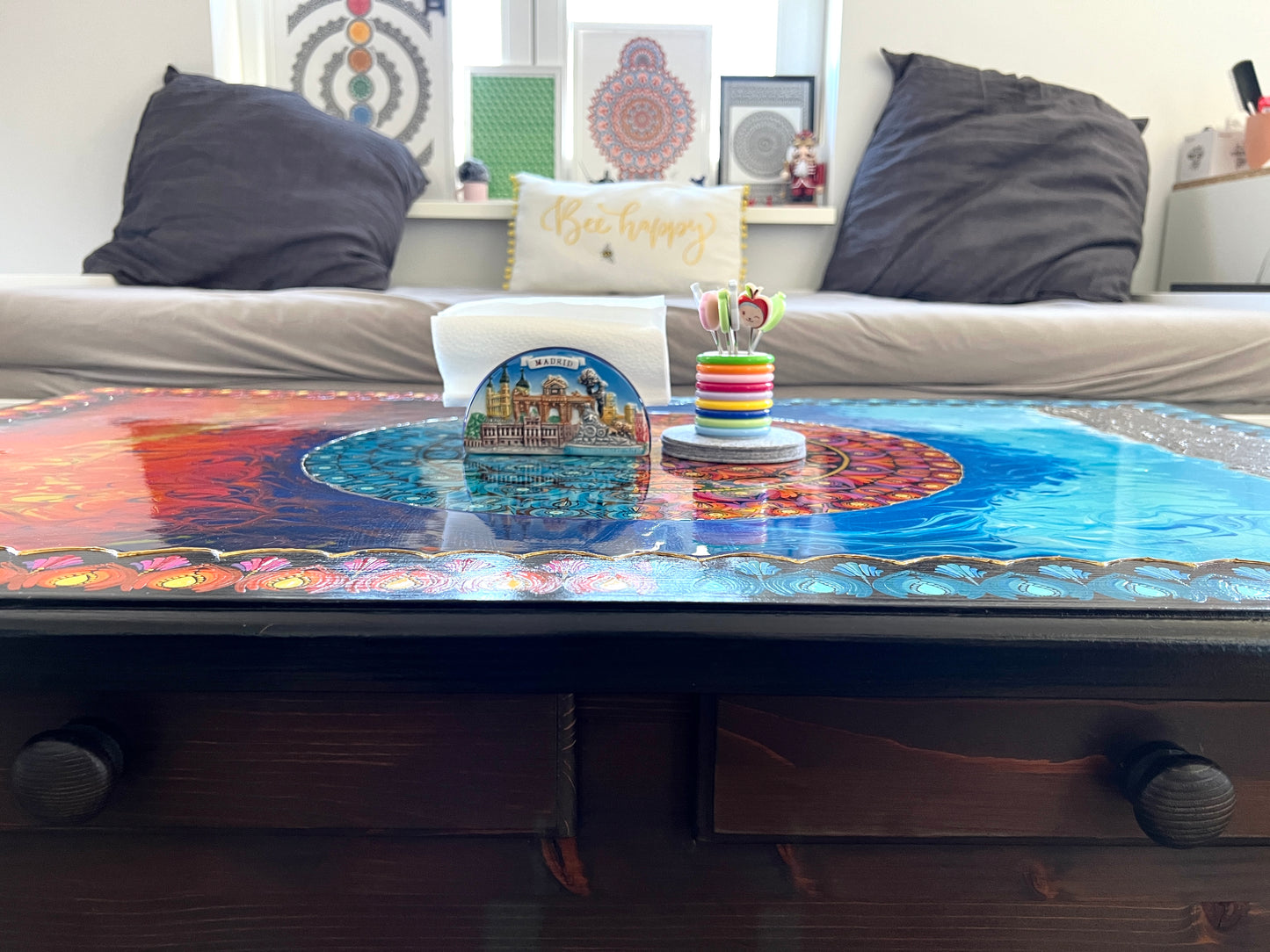 Restored Hand-Painted Dot Mandala Coffee Table, Resin Sealed Solid Wood - Perfect Gift