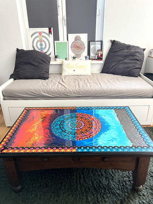 Restored Hand-Painted Dot Mandala Coffee Table, Resin Sealed Solid Wood - Perfect Gift