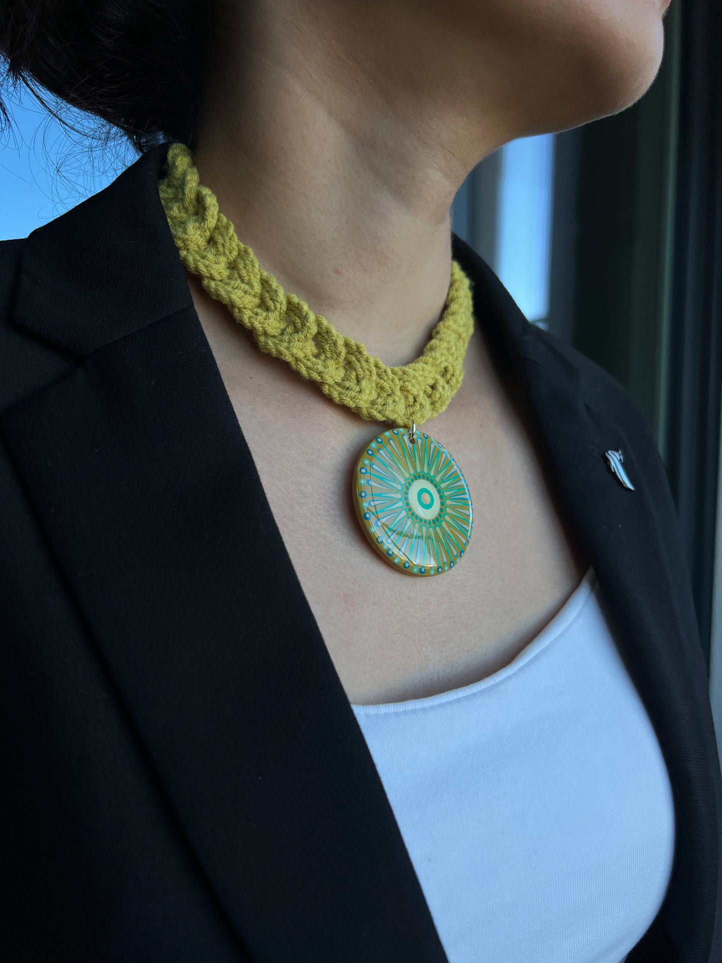 Resin Coated Dot Mandala Pendant paired with a crochet necklace in Mustard and teal color - Boho Jewelry gift for Mother - Gift For Her