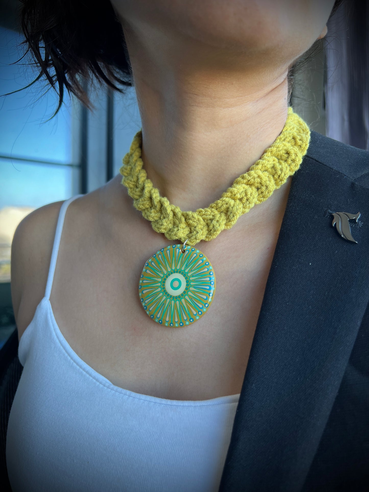 Resin Coated Dot Mandala Pendant paired with a crochet necklace in Mustard and teal color - Boho Jewelry gift for Mother - Gift For Her