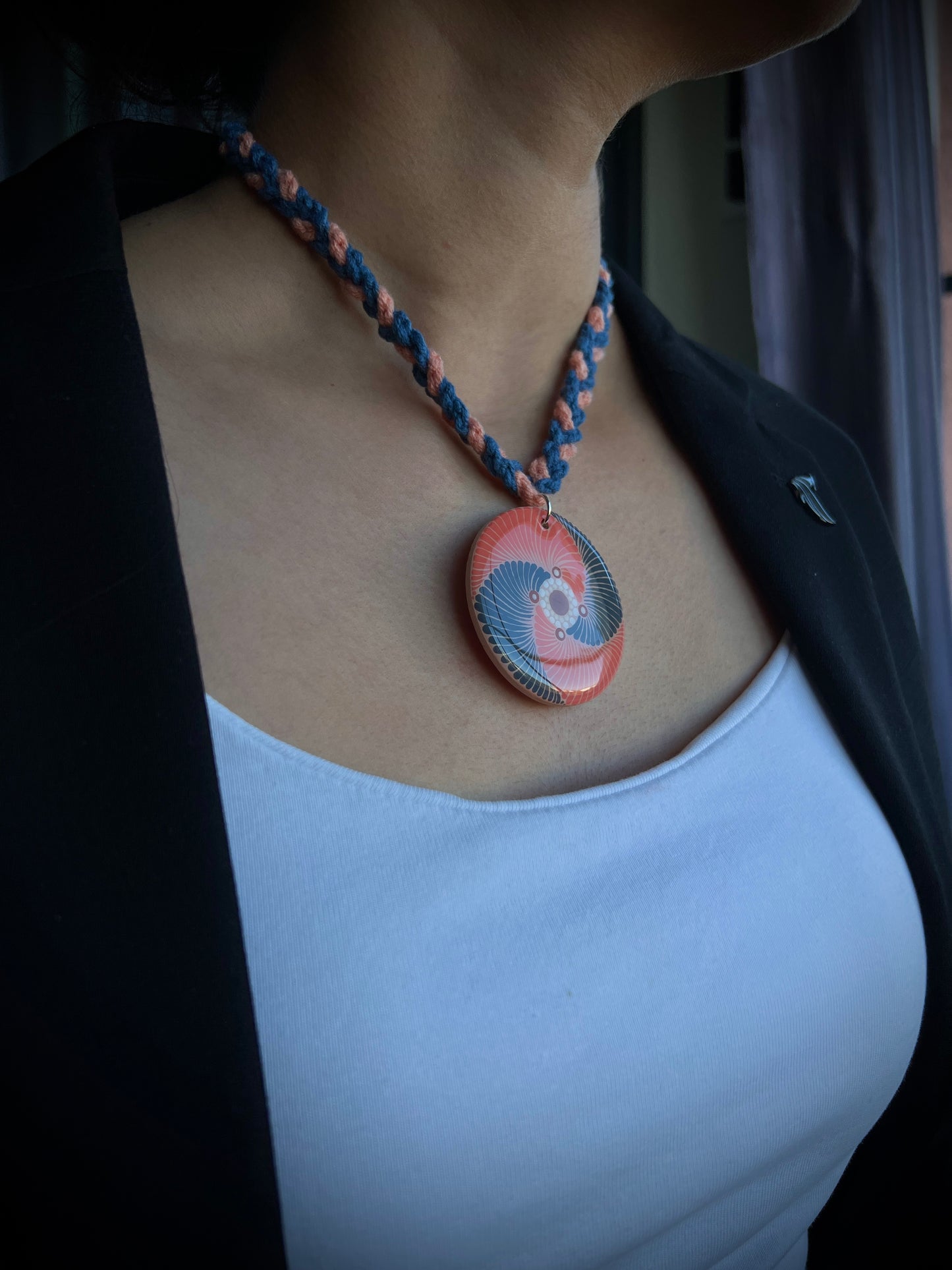 Hand-painted Dot Mandala Pendant in Peach and Blue color paired with a crochet necklace, Resin Coated Boho Jewelry, birthday Gift For Her