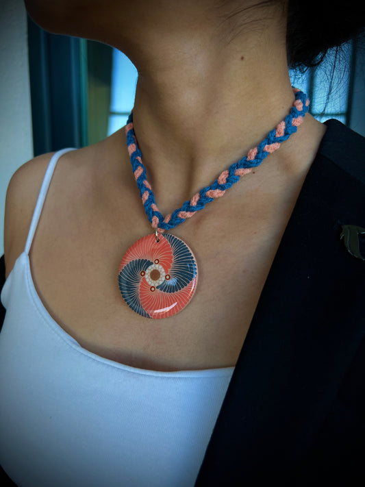 Hand-painted Dot Mandala Pendant in Peach and Blue color paired with a crochet necklace, Resin Coated Boho Jewelry, birthday Gift For Her