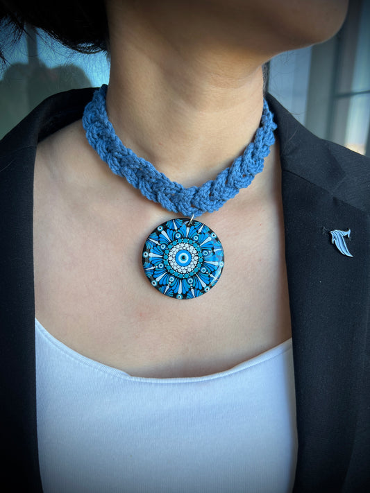 Hand-painted evil eye Dot Mandala Pendant paired with a crochet necklace, Resin Coated Boho Jewelry, anniversary and birthday Gift For Her