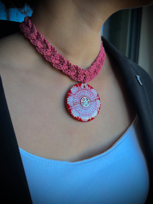 Hand-painted Red, White Dot Mandala Pendant paired with a crochet necklace, Resin Coated Boho Jewelry, anniversary and birthday Gift For Her