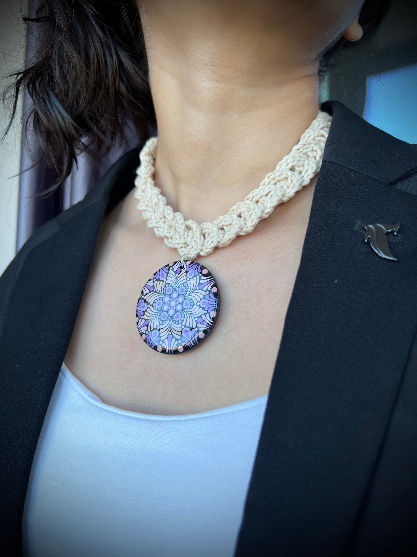 Hand-painted Dot Mandala Pendant in lavender, White color paired with a crochet necklace, Resin Coated Boho Jewelry, birthday Gift For Her