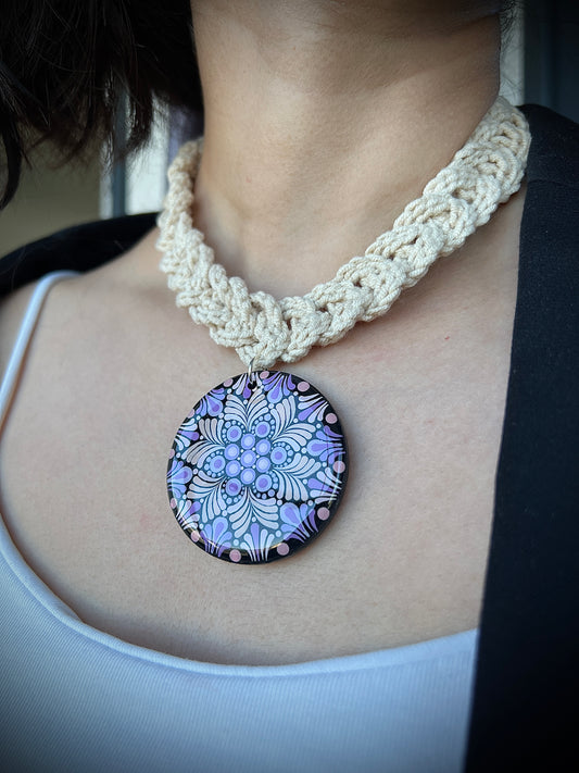 Hand-painted Dot Mandala Pendant in lavender, White color paired with a crochet necklace, Resin Coated Boho Jewelry, birthday Gift For Her