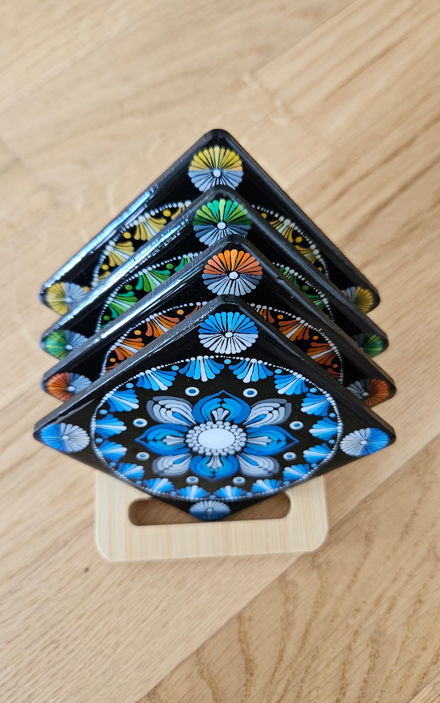 Premium Hand Painted Resin coated Set of 4 wooden Dot Mandala Coasters - anniversary and Housewarming Gifts For her