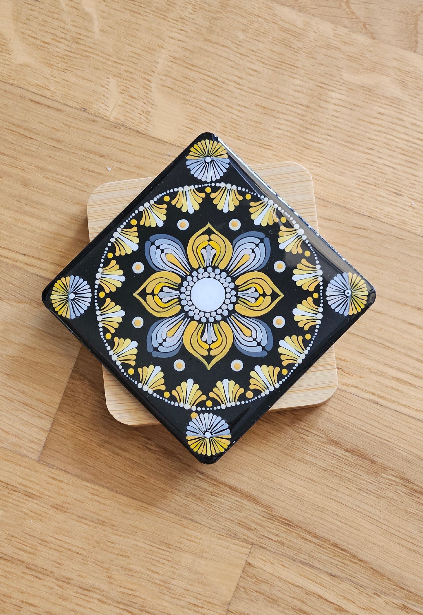 Premium Hand Painted Resin coated Set of 4 wooden Dot Mandala Coasters - anniversary and Housewarming Gifts For her