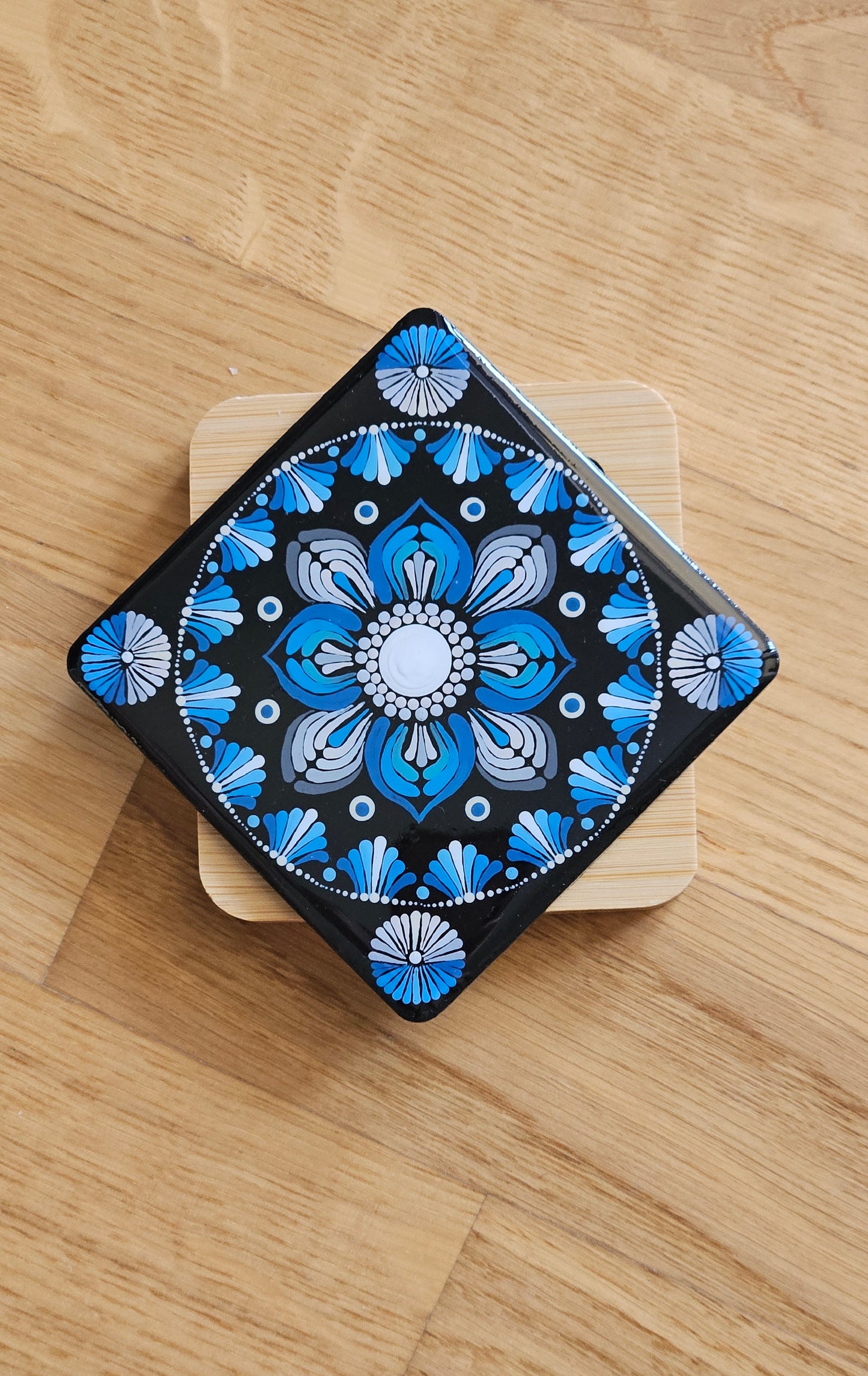 Premium Hand Painted Resin coated Set of 4 wooden Dot Mandala Coasters - anniversary and Housewarming Gifts For her