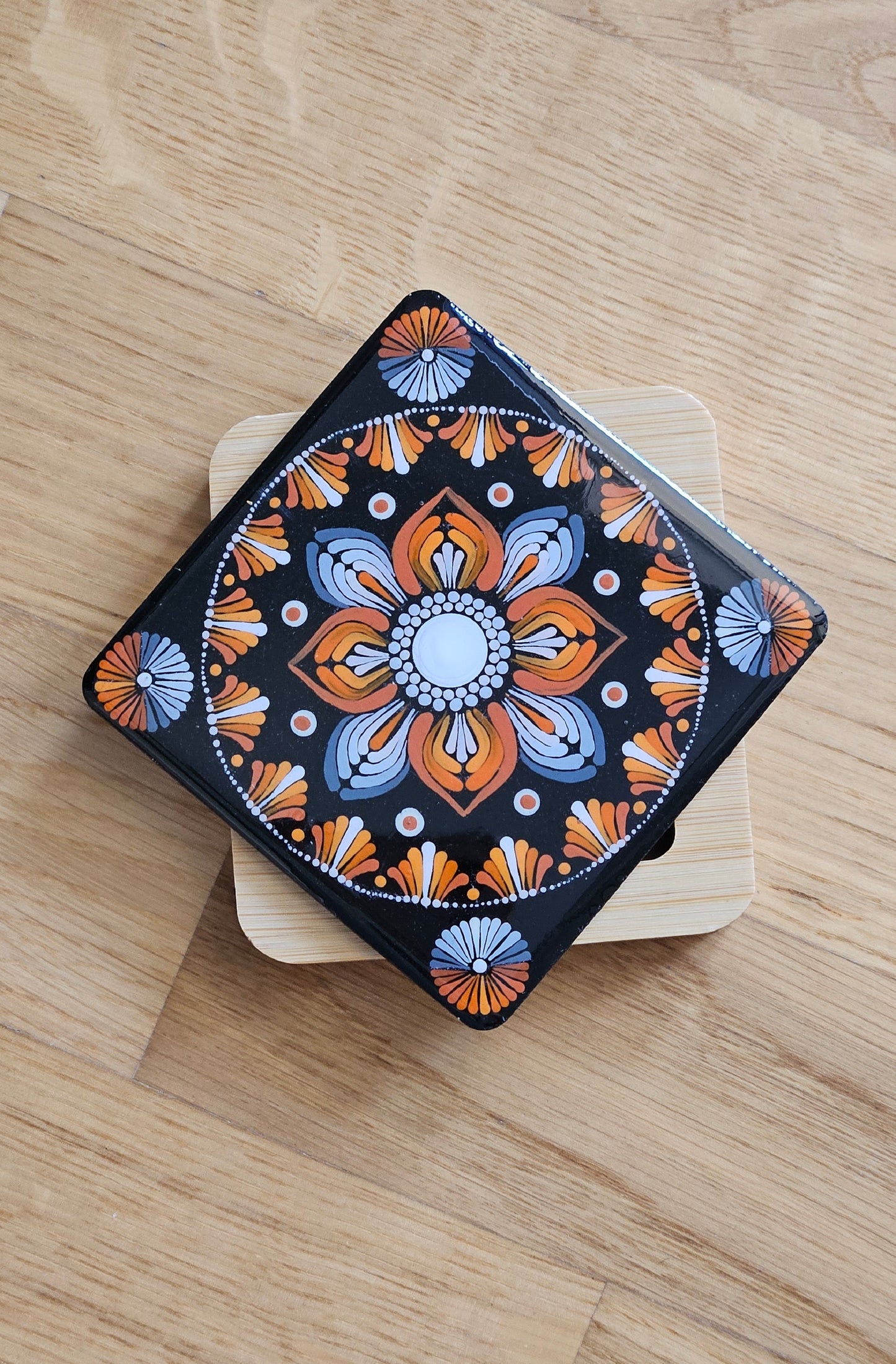Premium Hand Painted Resin coated Set of 4 wooden Dot Mandala Coasters - anniversary and Housewarming Gifts For her