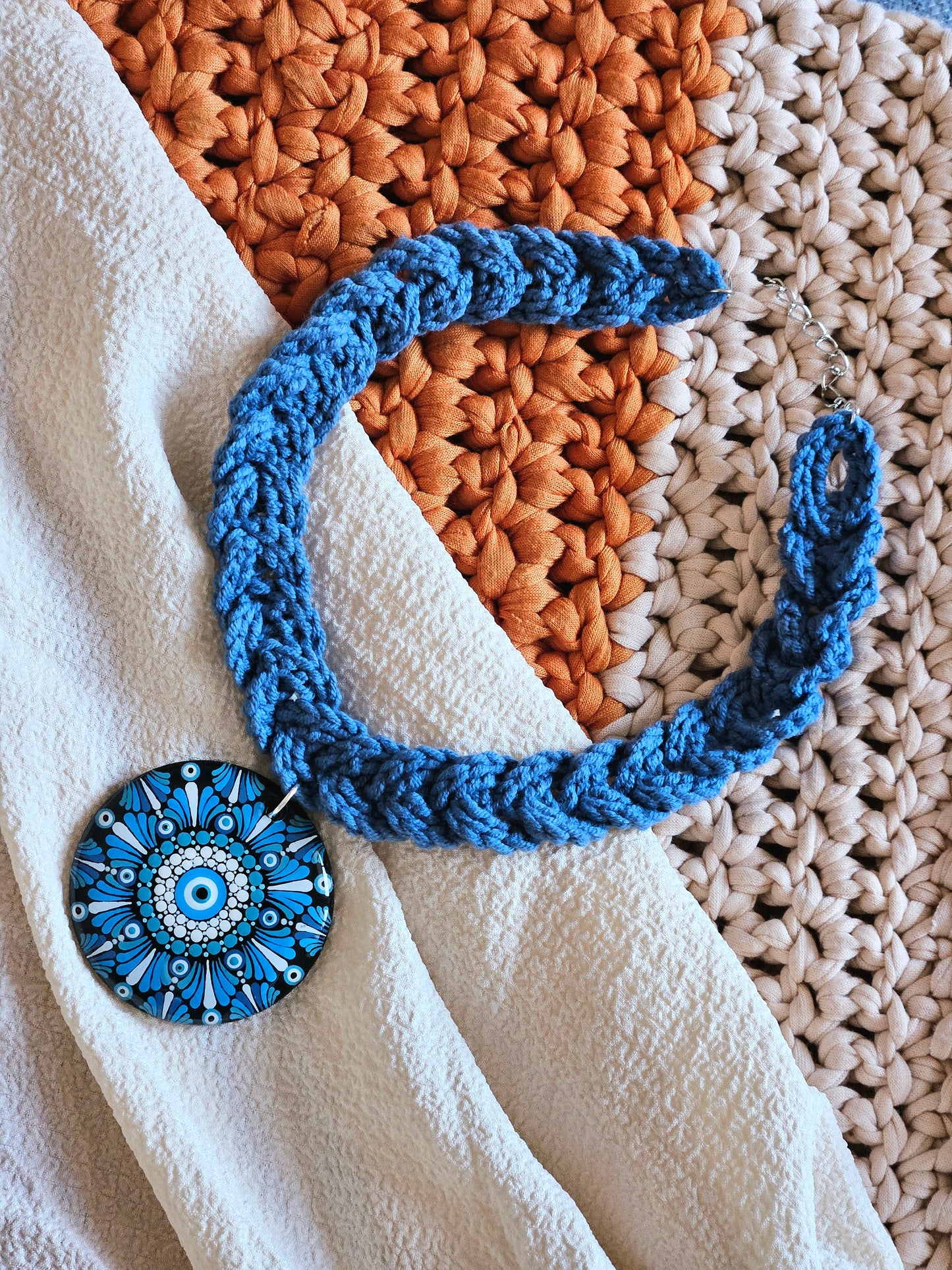 Hand-painted evil eye Dot Mandala Pendant paired with a crochet necklace, Resin Coated Boho Jewelry, anniversary and birthday Gift For Her