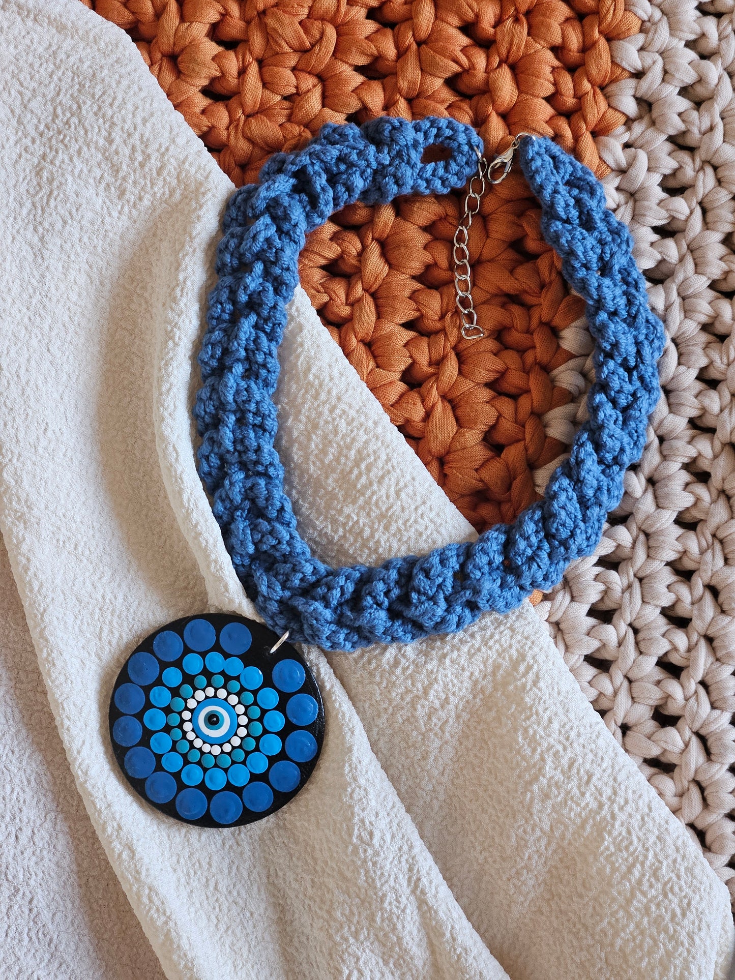 Hand-painted evil eye Dot Mandala Pendant paired with a crochet necklace, Resin Coated Boho Jewelry, anniversary and birthday Gift For Her