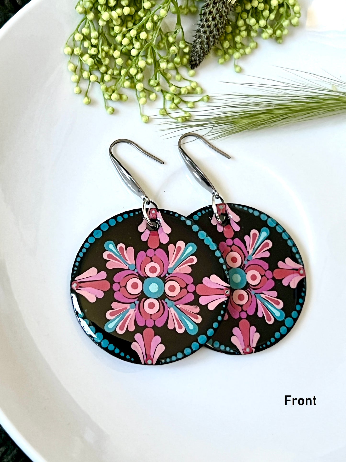 Hand-painted Dot Mandala Earrings - Resin Coated Boho Jewelry for Mother and Friends - anniversary and birthday Gift For her
