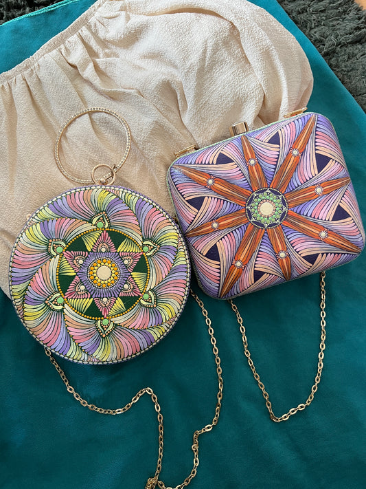 Dot Mandala Hand-painted Modern Party Clutch Sling Bag with detachable Golden Chain - Gift for her and for Mother's Day