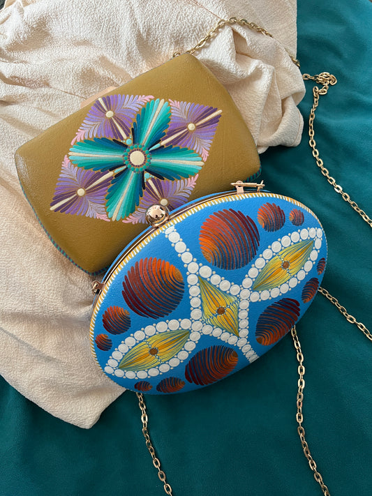 Dot Mandala Hand-painted Modern Party Clutch Sling Bag with detachable Golden Chain - Gift for her and for Mother's Day