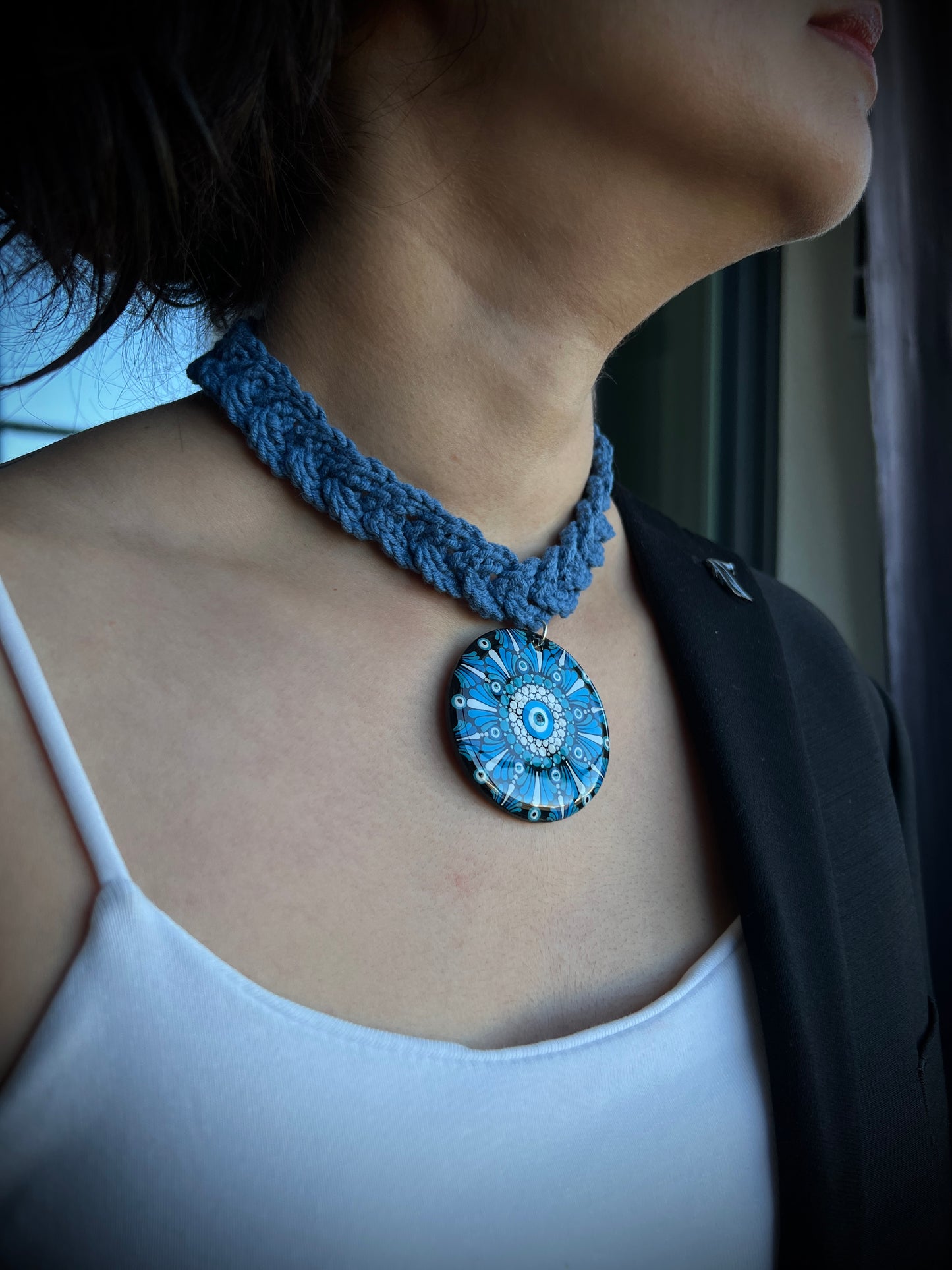 Hand-painted evil eye Dot Mandala Pendant paired with a crochet necklace, Resin Coated Boho Jewelry, anniversary and birthday Gift For Her