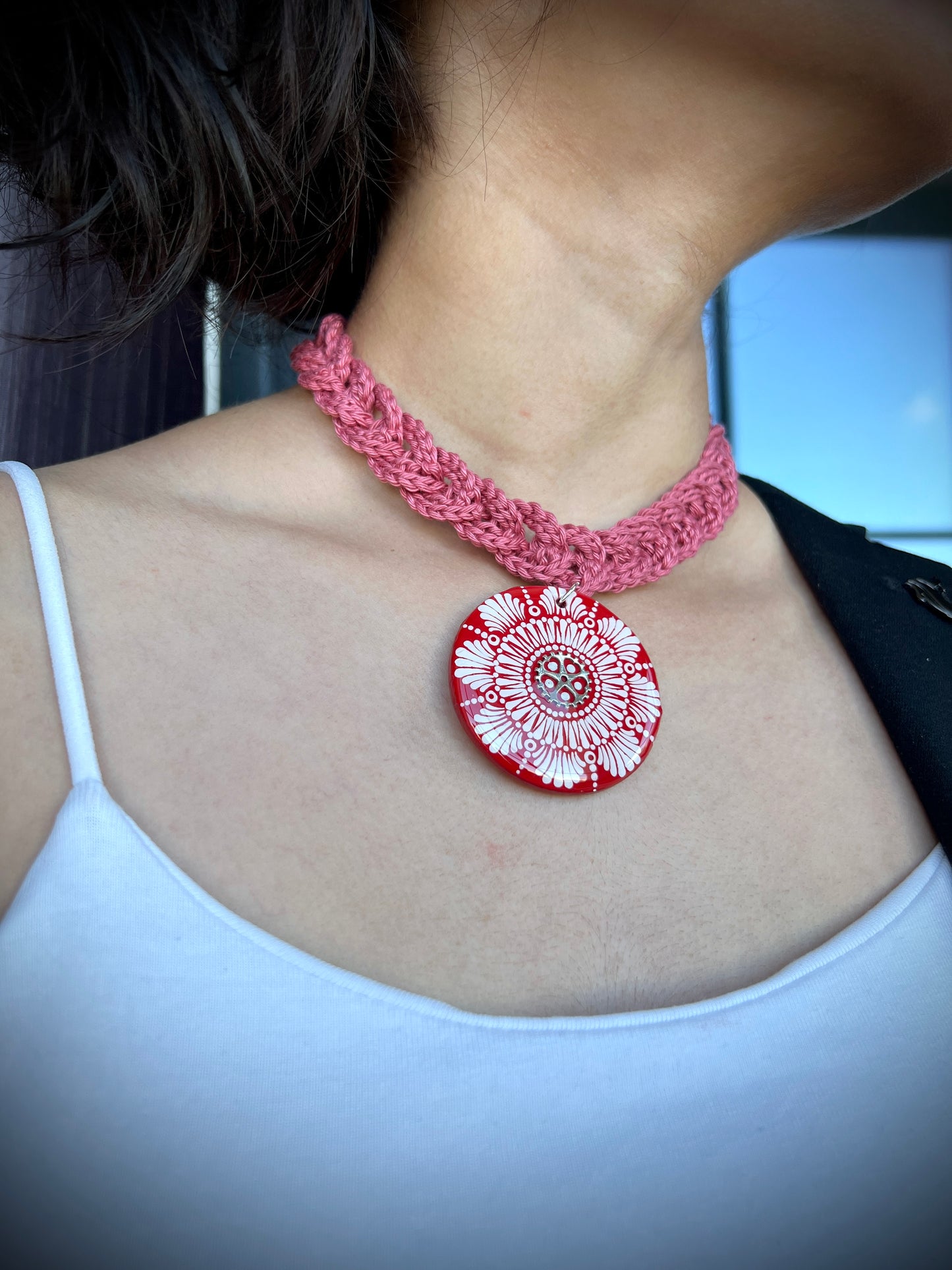 Hand-painted Red, White Dot Mandala Pendant paired with a crochet necklace, Resin Coated Boho Jewelry, anniversary and birthday Gift For Her